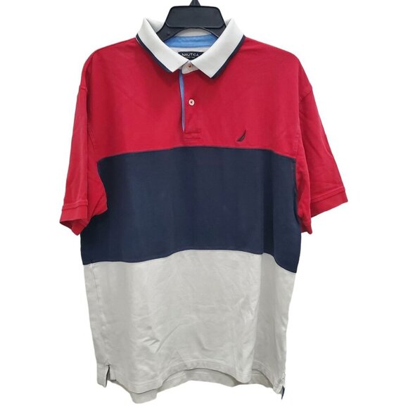 Nautica Men's Y2K Red White Blue Colorblock All Cotton Preppy SS Polo Shirt‎ XL - Picture 1 of 7